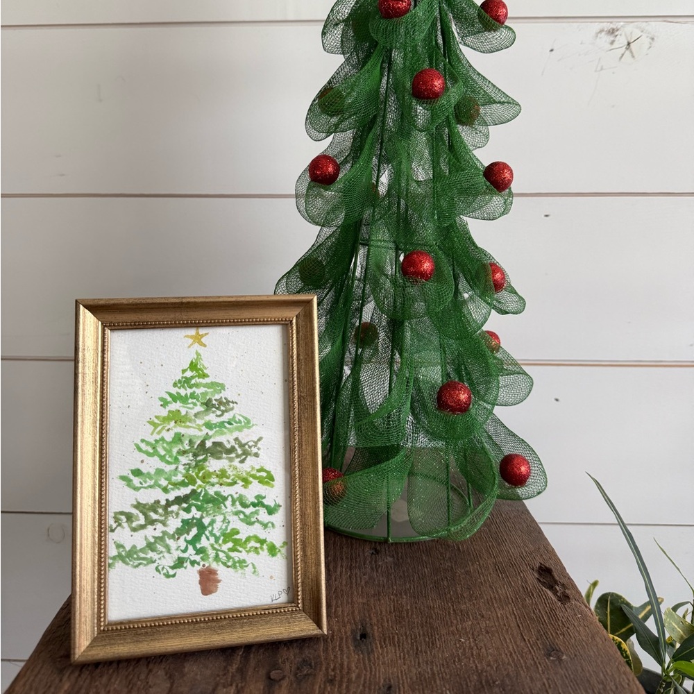 Festive Original watercolor tree in 4x6 gold frame